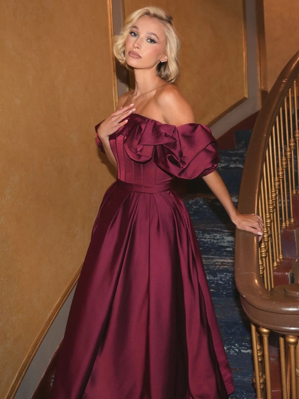 MAC DUGGAL Plum Off The Shoulder Tea Length